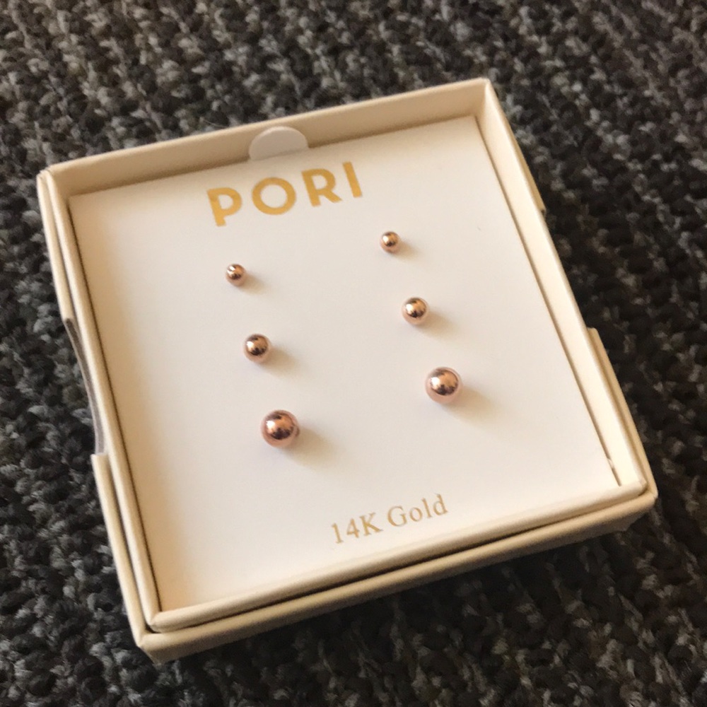 NWT - 14k Rose Gold Solid Set of 3 Stud Earrings - PORI Brand